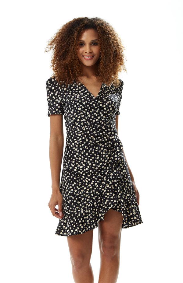 Liquorish Women's Floral Mini Wrap Dress In Black With Short Sleeves Button-Up Front Tie Waist And Fitted Style For Effortless Elegance