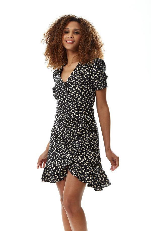 Liquorish Women's Floral Mini Wrap Dress in Black with Short Sleeves Button-Up Front Tie Waist and Fitted Style for Effortless Elegance