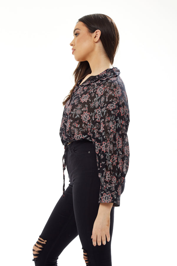 Liquorish Women's Floral Print Crop Shirt In Black - Painterly Print Cropped Style Long Sleeves Tie Waist
