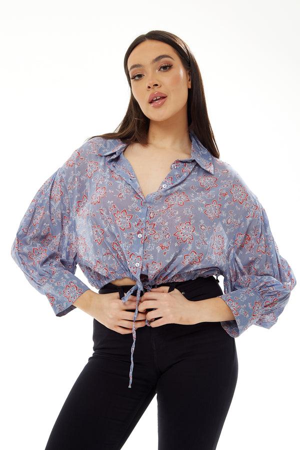 Liquorish Women's Floral Print Crop Shirt In Lilac - Long Sleeves Cropped Style Tie Waist Perfect For A Stylish Look
