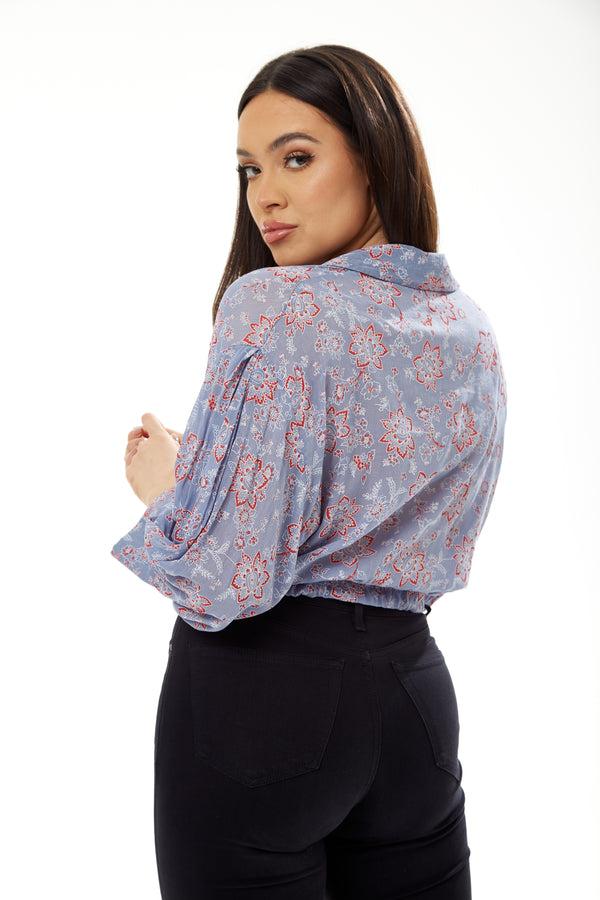 Liquorish Women's Floral Print Crop Shirt In Lilac - Long Sleeves Cropped Style Tie Waist Perfect For A Stylish Look