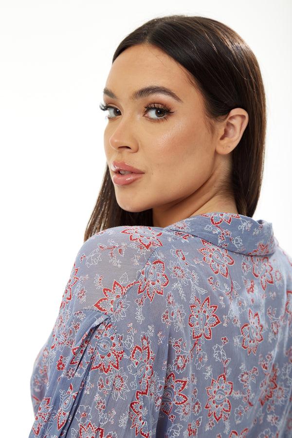 Liquorish Women's Floral Print Crop Shirt In Lilac - Long Sleeves Cropped Style Tie Waist Perfect For A Stylish Look