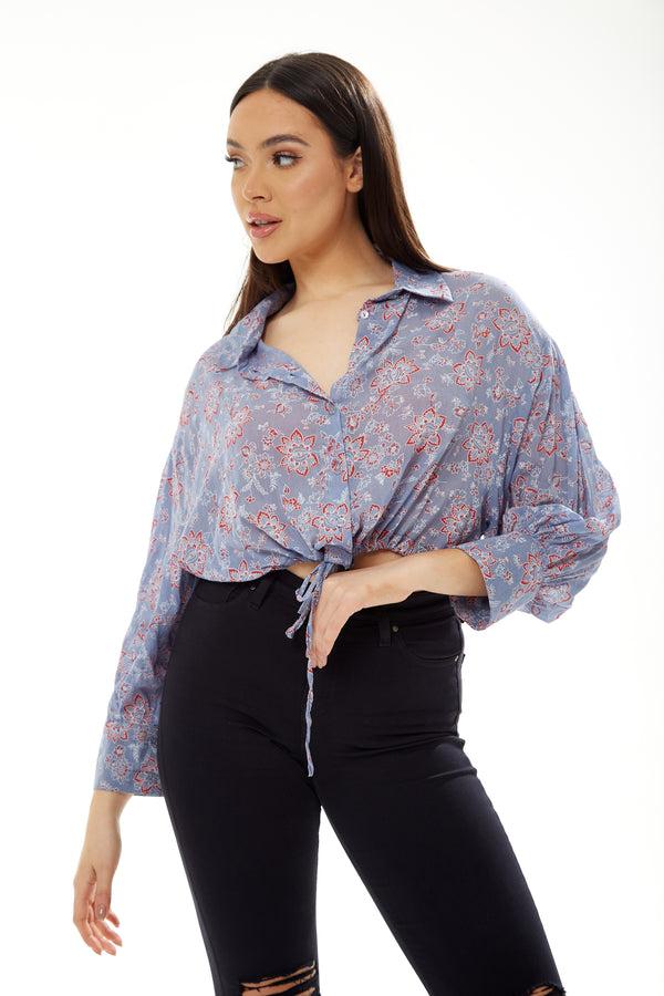 Liquorish Women's Floral Print Crop Shirt in Lilac - Long Sleeves Cropped Style Tie Waist Perfect for a Stylish Look