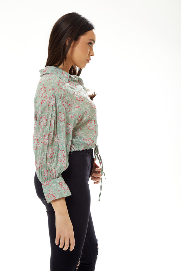 Liquorish Women's Floral Print Crop Shirt In Mint Green - Painterly Print Cropped Style Long Sleeves Tie Waist