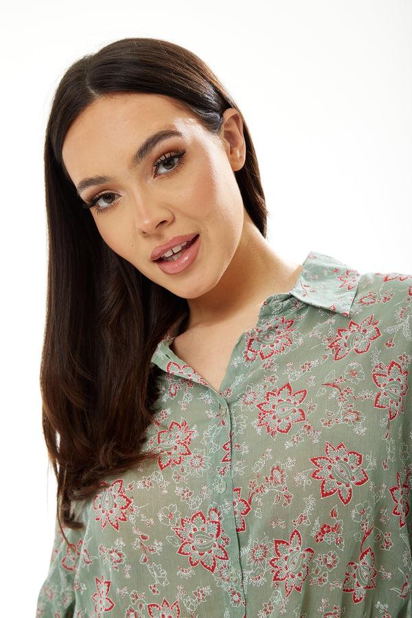 Liquorish Women's Floral Print Crop Shirt In Mint Green - Painterly Print Cropped Style Long Sleeves Tie Waist