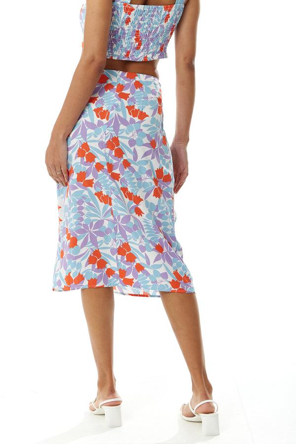 Liquorish Women's Floral Print Knot Front Midi Skirt With Front Slit In Blue And Red - Perfect For Summer Holidays By Liquorish