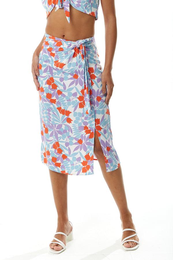 Liquorish Women's Floral Print Knot Front Midi Skirt with Front Slit in Blue and Red - Perfect for Summer Holidays by Liquorish