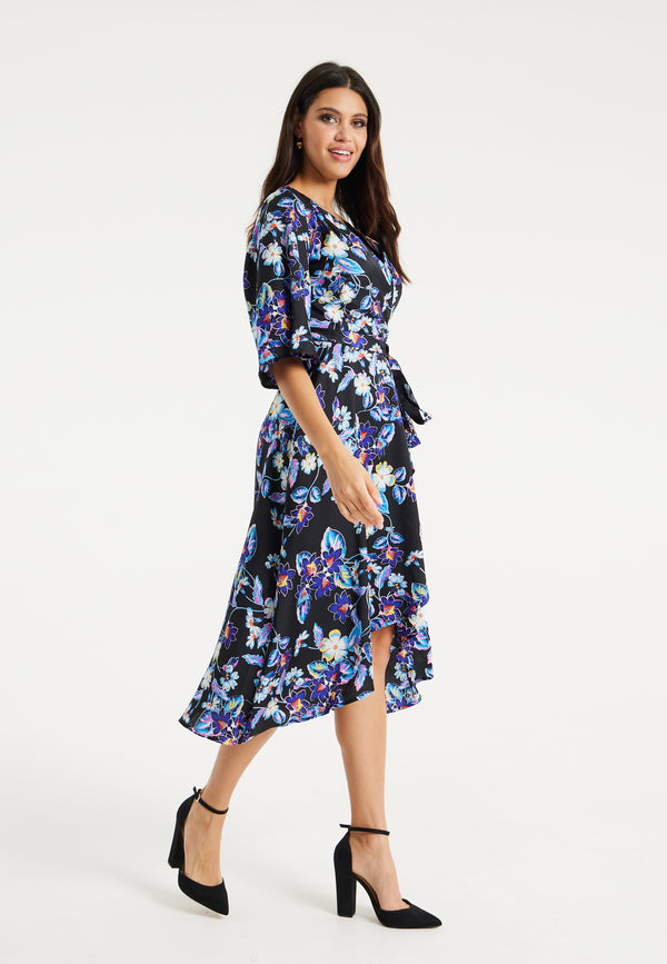 Liquorish Women's Floral Print Midi Wrap Dress With Flared Sleeves And Tie-Side Detail - Elegant And Stylish For Any Occasion
