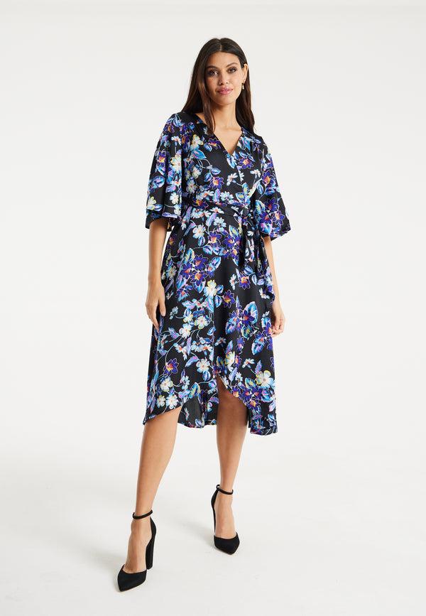 Liquorish Women's Floral Print Midi Wrap Dress With Flared Sleeves And Tie-Side Detail - Elegant And Stylish For Any Occasion