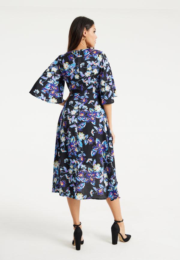 Liquorish Women's Floral Print Midi Wrap Dress With Flared Sleeves And Tie-Side Detail - Elegant And Stylish For Any Occasion
