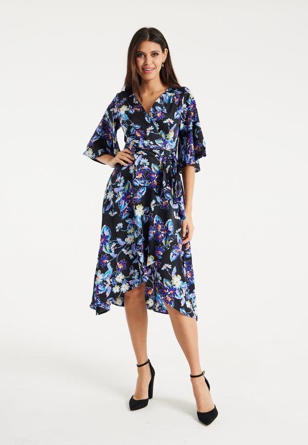 Liquorish Women's Floral Print Midi Wrap Dress with Flared Sleeves and Tie-Side Detail - Elegant and Stylish for Any Occasion