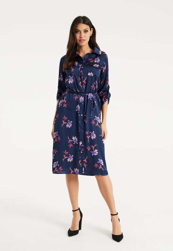 Liquorish Women's Floral Print Navy Midi Shirt Dress With Long Sleeves And Unique Tie-Side Detail For Effortless Elegance