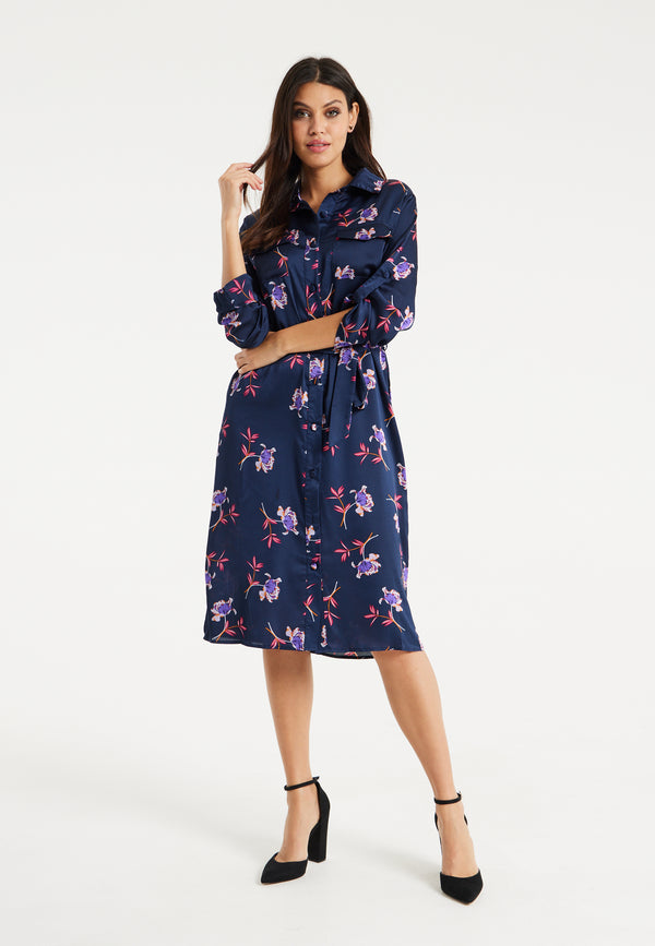 Liquorish Women's Floral Print Navy Midi Shirt Dress With Long Sleeves And Unique Tie-Side Detail For Effortless Elegance