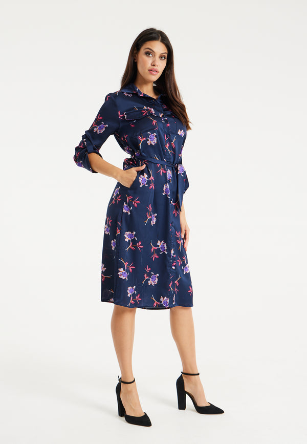 Liquorish Women's Floral Print Navy Midi Shirt Dress With Long Sleeves And Unique Tie-Side Detail For Effortless Elegance