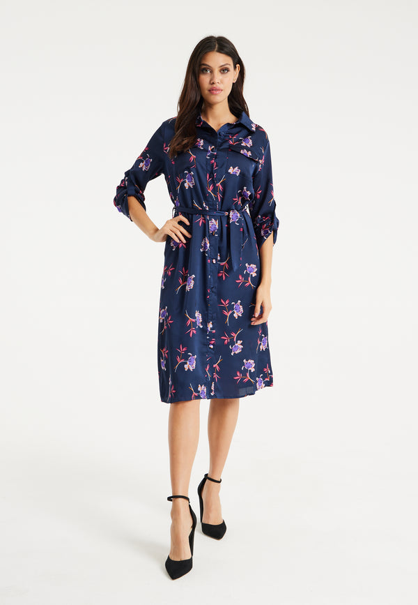 Liquorish Women's Floral Print Navy Midi Shirt Dress with Long Sleeves and Unique Tie-Side Detail for Effortless Elegance