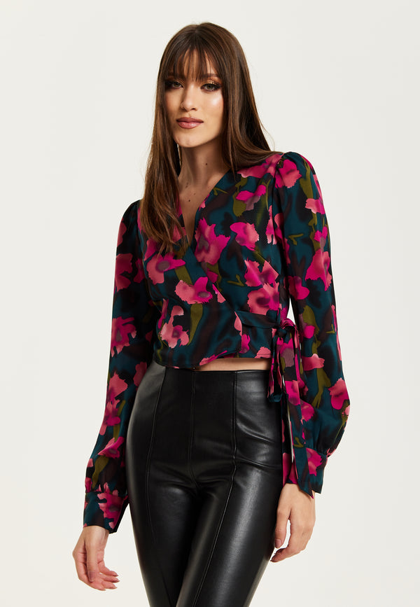 Liquorish Women's Floral Print Wrap Top In Green And Pink With Long Sleeves Deep V-Neckline And Matching Tie Waist