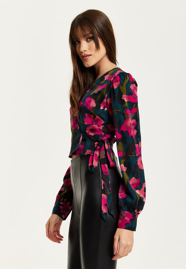 Liquorish Women's Floral Print Wrap Top In Green And Pink With Long Sleeves Deep V-Neckline And Matching Tie Waist