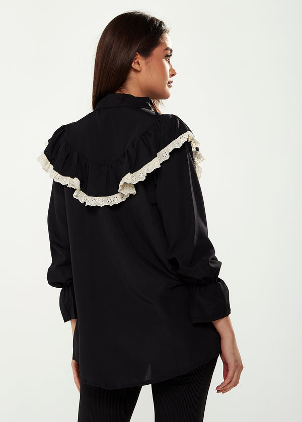Liquorish Women's Frill Detail Shirt In Black And White With Collar Frilled Sleeves Elastic Cuffs And Regular Fit