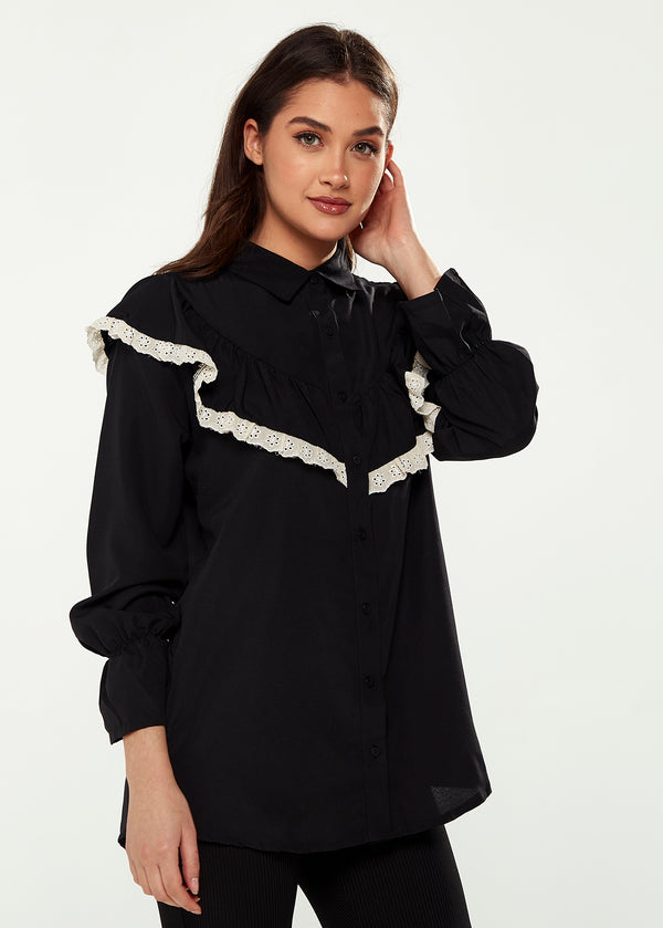Liquorish Women's Frill Detail Shirt In Black And White With Collar Frilled Sleeves Elastic Cuffs And Regular Fit