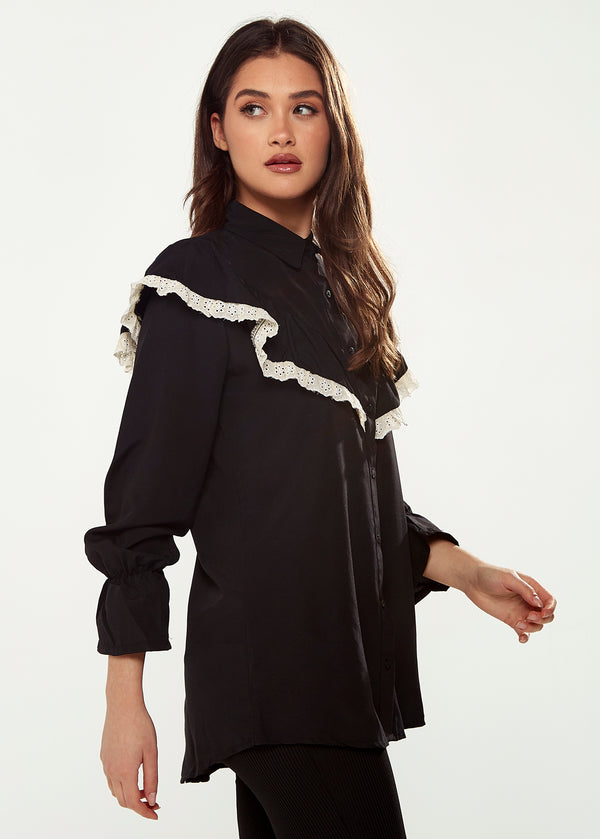 Liquorish Women's Frill Detail Shirt In Black And White With Collar Frilled Sleeves Elastic Cuffs And Regular Fit