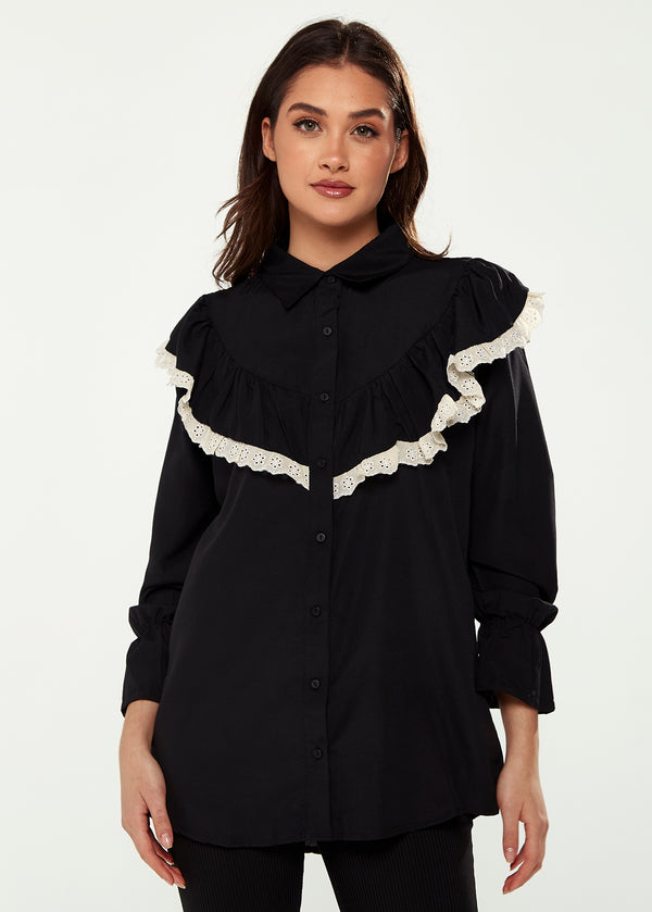 Liquorish Women's Frill Detail Shirt in Black and White with Collar Frilled Sleeves Elastic Cuffs and Regular Fit