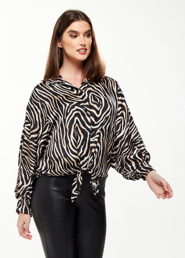 Liquorish Women's Graceful Zebra Print Blouse With Front Waist Tie Long Sleeves Collared Neck Button Front Size 8/14