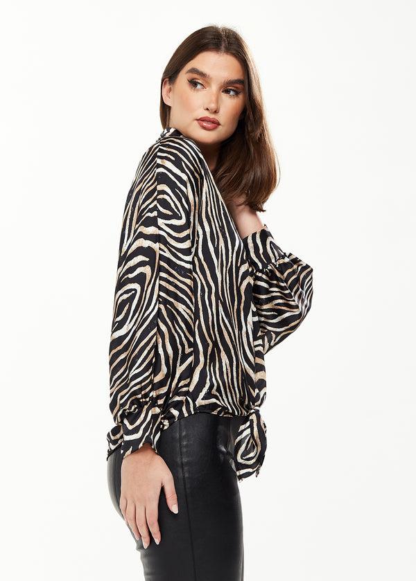 Liquorish Women's Graceful Zebra Print Blouse With Front Waist Tie Long Sleeves Collared Neck Button Front Size 8/14