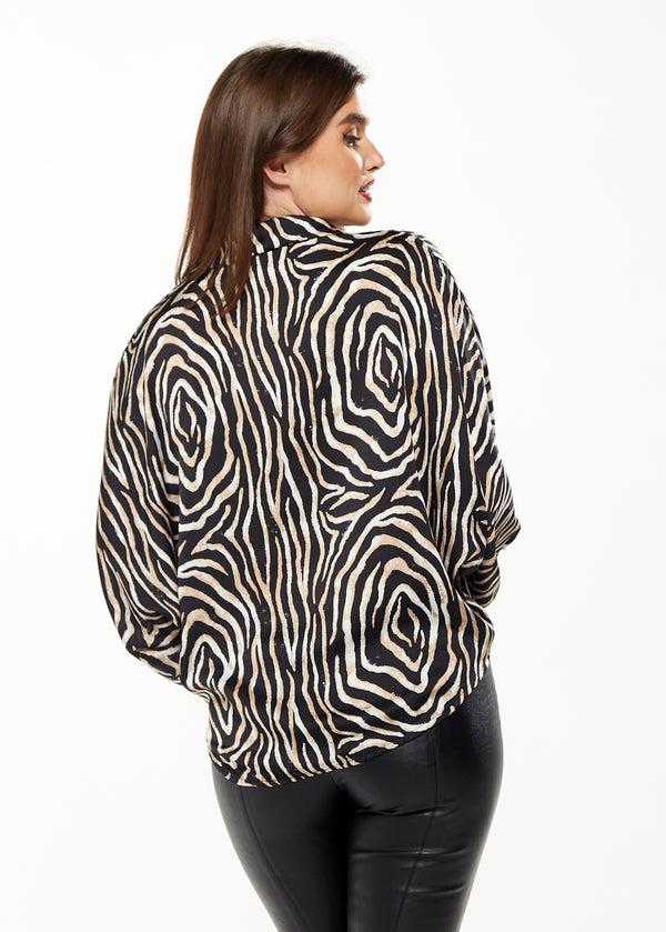 Liquorish Women's Graceful Zebra Print Blouse With Front Waist Tie Long Sleeves Collared Neck Button Front Size 8/14