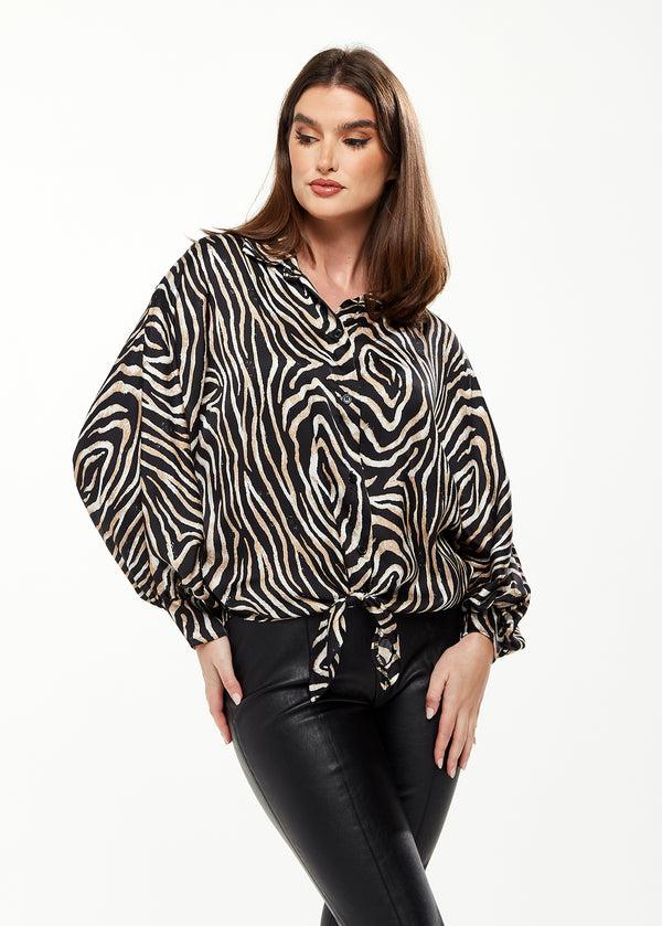 Liquorish Women's Graceful Zebra Print Blouse with Front Waist Tie Long Sleeves Collared Neck Button Front Size 8/14