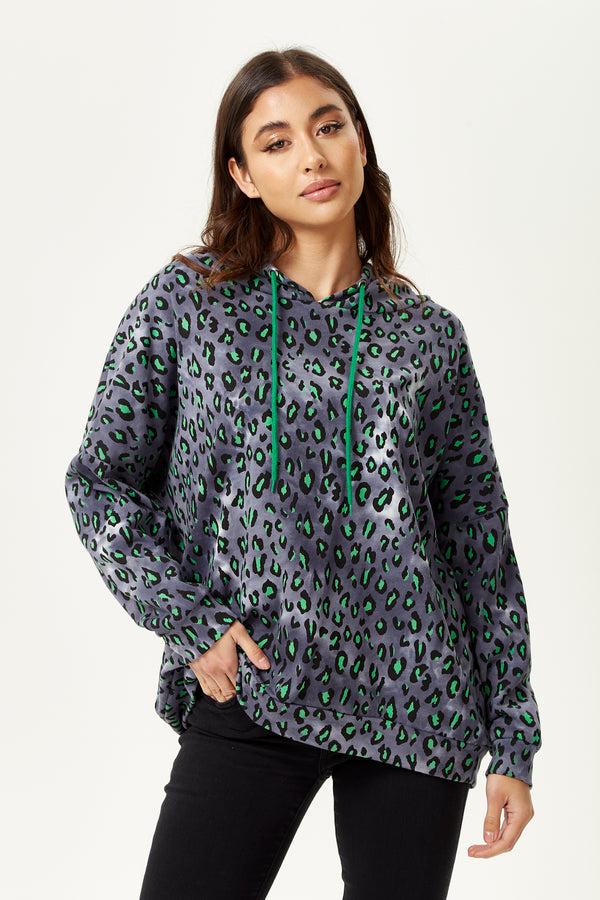 Liquorish Women's Green Animal Print Hoodie Sweatshirt In Grey With Long Sleeves Drop Shoulders And Relaxed Fit