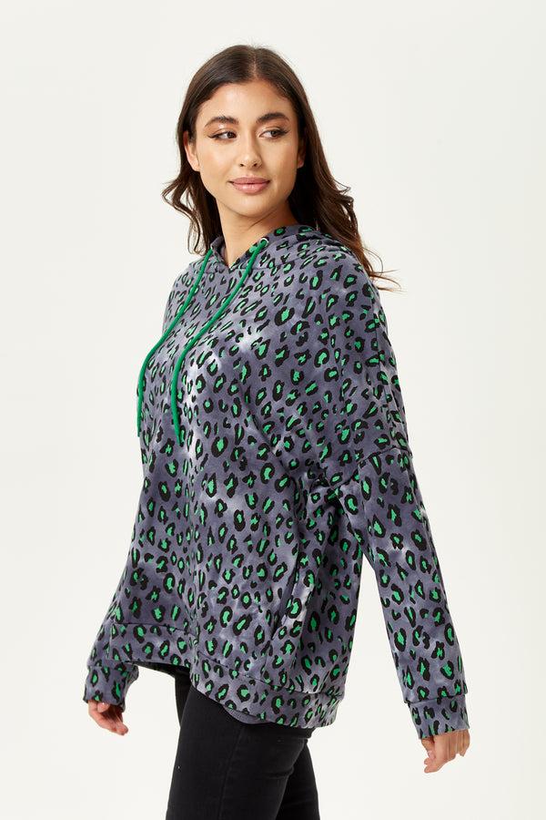 Liquorish Women's Green Animal Print Hoodie Sweatshirt In Grey With Long Sleeves Drop Shoulders And Relaxed Fit