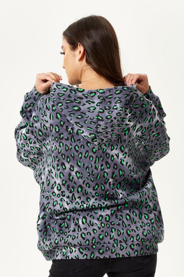 Liquorish Women's Green Animal Print Hoodie Sweatshirt In Grey With Long Sleeves Drop Shoulders And Relaxed Fit