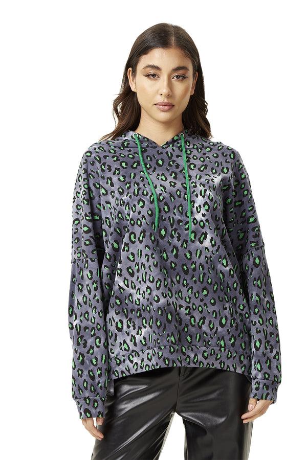 Liquorish Women's Green Animal Print Hoodie Sweatshirt in Grey with Long Sleeves Drop Shoulders and Relaxed Fit