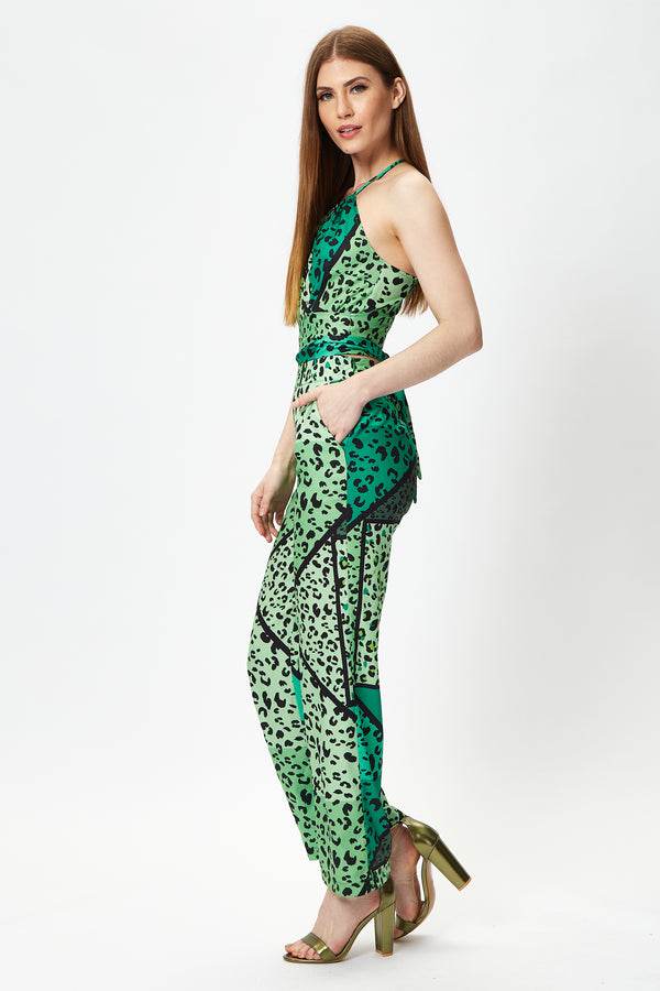 Liquorish Women's Green Animal Print Jumpsuit With Tie Waist Zip Back Straight Fit - Made By Liquorish