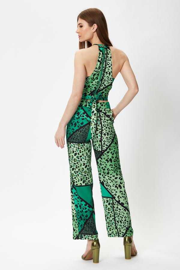 Liquorish Women's Green Animal Print Jumpsuit With Tie Waist Zip Back Straight Fit - Made By Liquorish