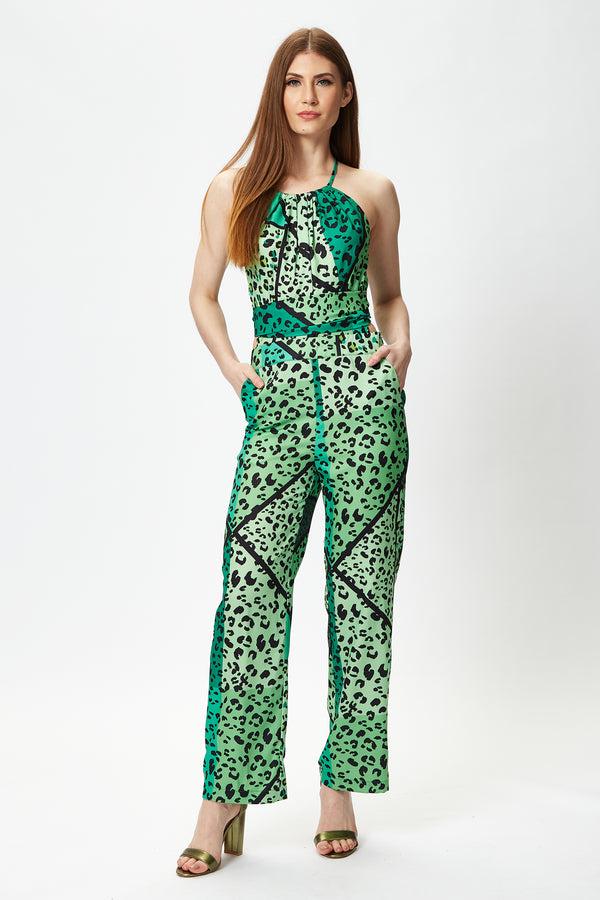 Liquorish Women's Green Animal Print Jumpsuit with Tie Waist Zip Back Straight Fit - Made by Liquorish