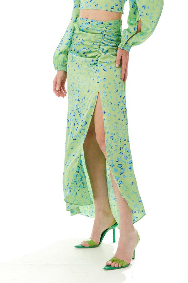 Liquorish Women's Green Animal Print Maxi Skirt With Gathered Detail And Front Slit - Liquorish