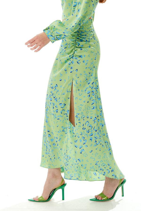 Liquorish Women's Green Animal Print Maxi Skirt With Gathered Detail And Front Slit - Liquorish