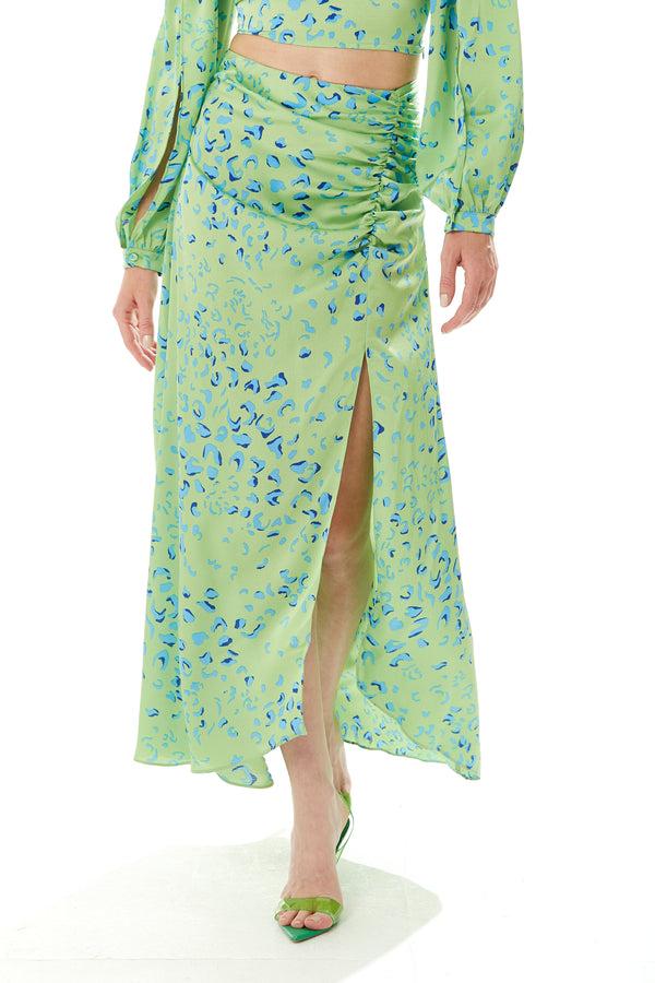 Liquorish Women's Green Animal Print Maxi Skirt with Gathered Detail and Front Slit - Liquorish