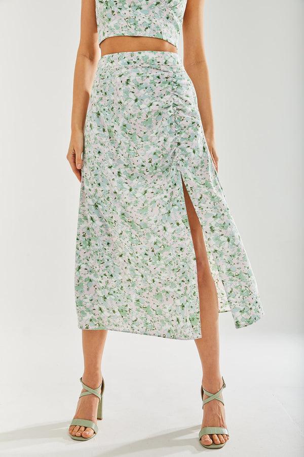 Liquorish Women's Green Floral Midi Skirt with Front Slit - Perfect for Summer Holidays Regular Fit - Liquorish