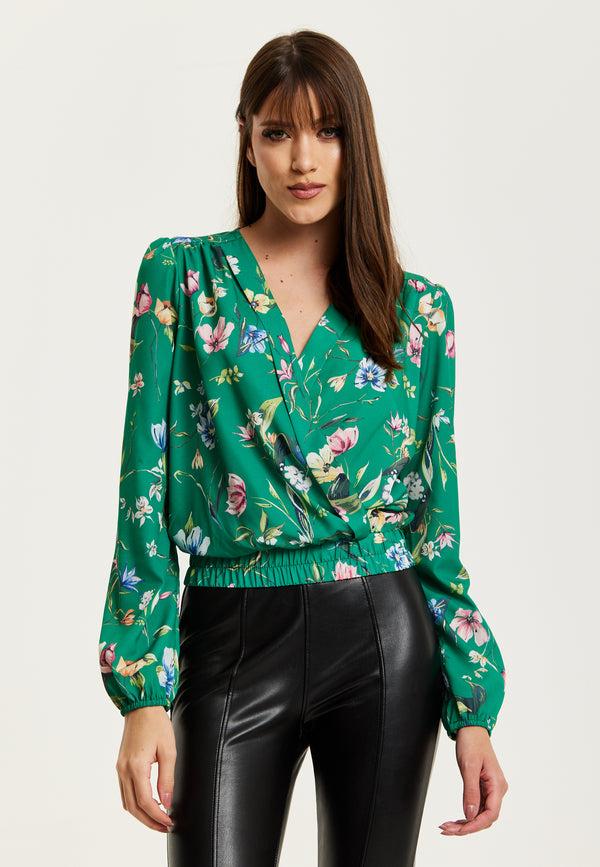 Liquorish Women's Green Floral Print Long Sleeve Wrap Top With Crossover V Neck And Elasticated Waist