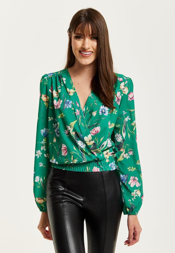 Liquorish Women's Green Floral Print Long Sleeve Wrap Top With Crossover V Neck And Elasticated Waist