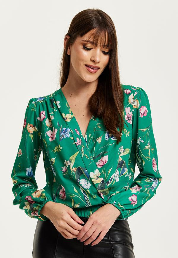 Liquorish Women's Green Floral Print Long Sleeve Wrap Top with Crossover V Neck and Elasticated Waist