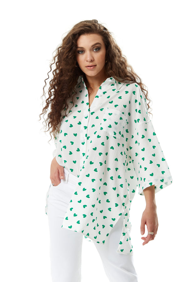 Liquorish Women's Green Heart Print Shirt In White - Oversized Short Sleeves Button Up Heart Shaped Buttons Collar Detail