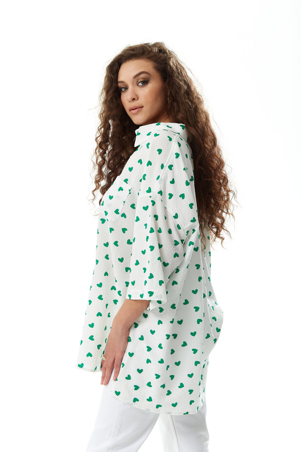 Liquorish Women's Green Heart Print Shirt In White - Oversized Short Sleeves Button Up Heart Shaped Buttons Collar Detail