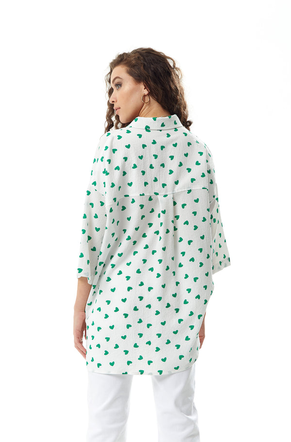 Liquorish Women's Green Heart Print Shirt In White - Oversized Short Sleeves Button Up Heart Shaped Buttons Collar Detail