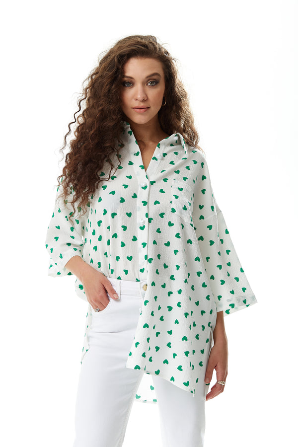 Liquorish Women's Green Heart Print Shirt in White - Oversized Short Sleeves Button Up Heart Shaped Buttons Collar Detail