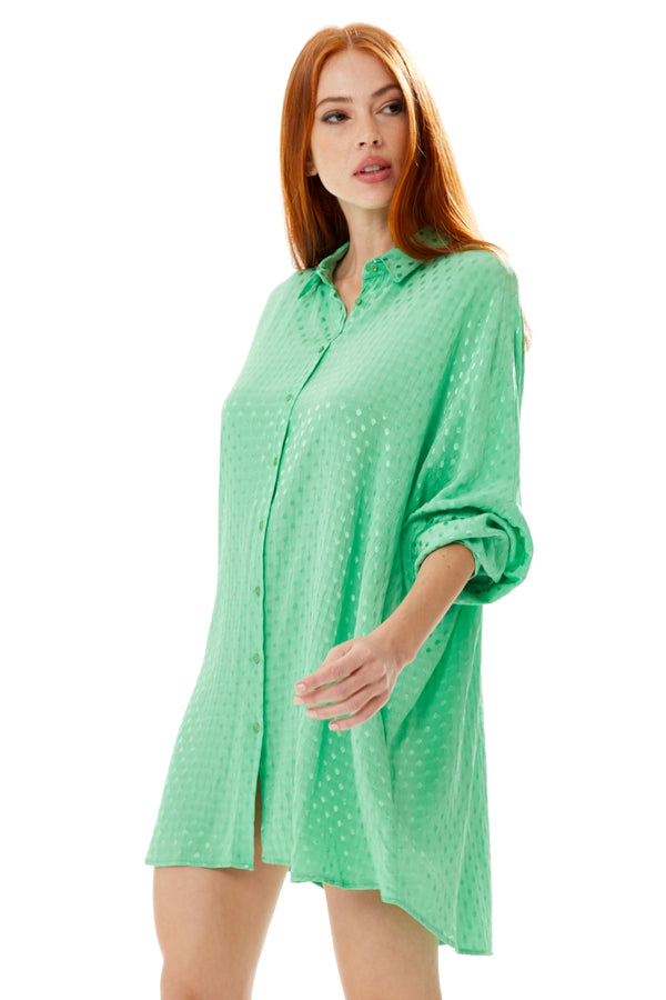 Liquorish Women's Green Jacquard Long Sleeve Oversized Button-Up Shirt With Collar And Loose Fit For A Chic Look