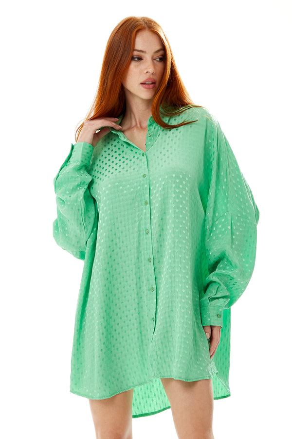 Liquorish Women's Green Jacquard Long Sleeve Oversized Button-Up Shirt With Collar And Loose Fit For A Chic Look