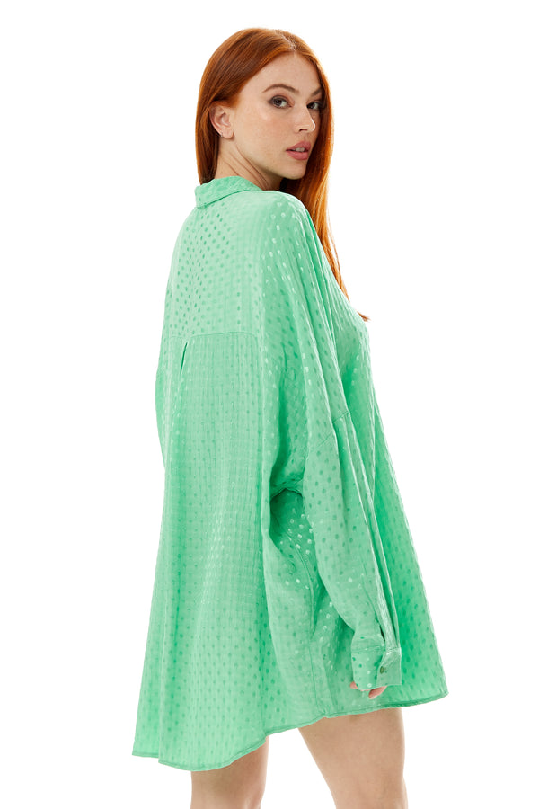 Liquorish Women's Green Jacquard Long Sleeve Oversized Button-Up Shirt With Collar And Loose Fit For A Chic Look